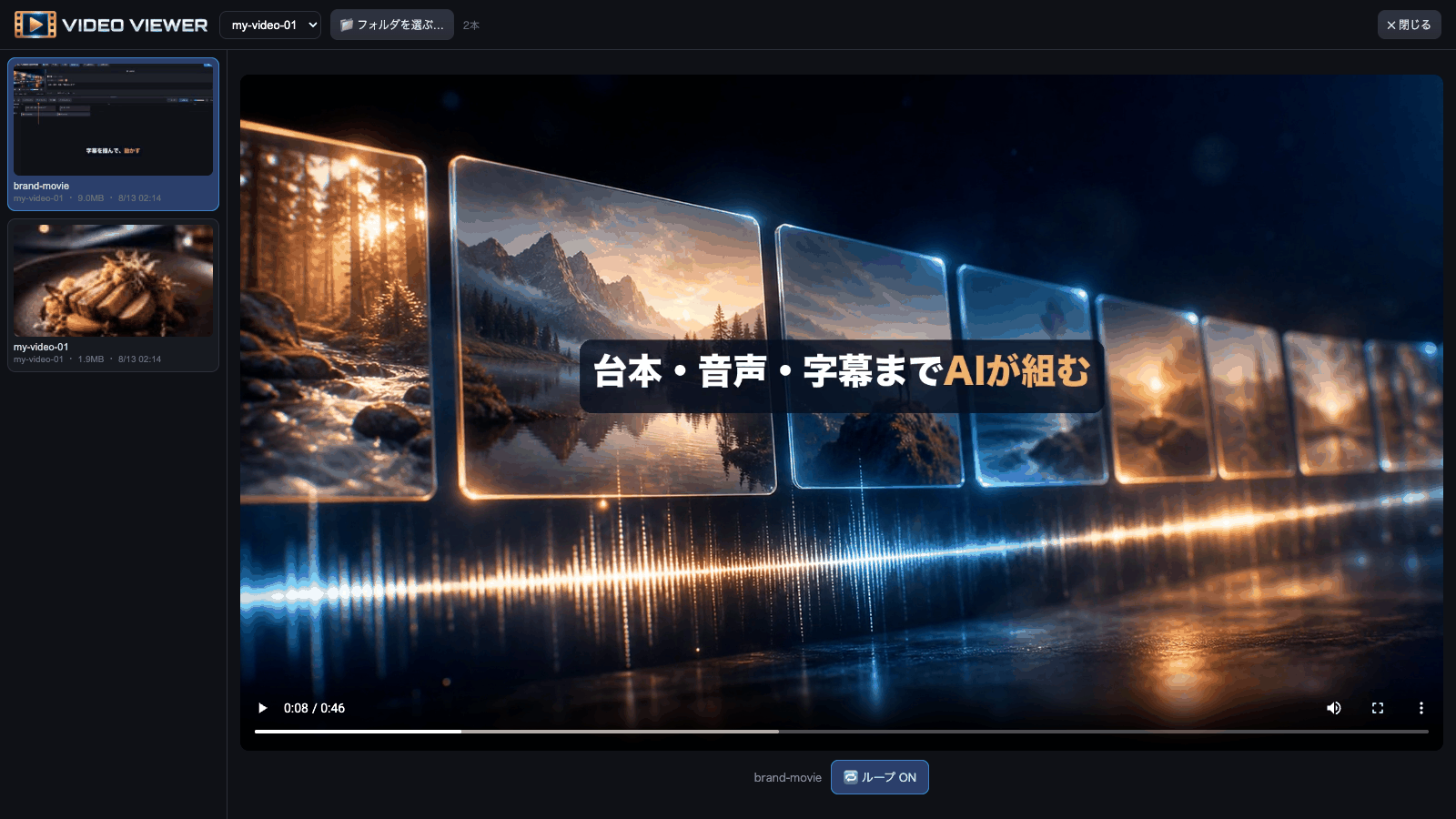 GJ VIDEO VIEWER。左に書き出した動画の一覧、右に再生画面